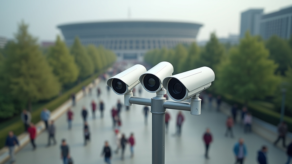 Temporary CCTV camera installation on a city street for event security.