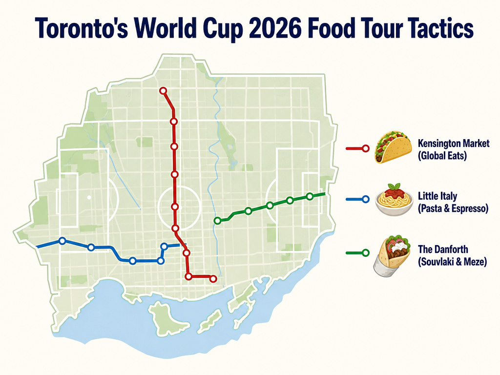 Infographic map of Toronto's food neighborhoods linked by transit for World Cup.