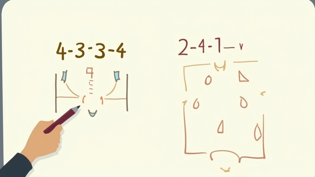 Youth soccer coach drawing simplified 4-3-3 and 7v7 formation diagrams on whiteboard.