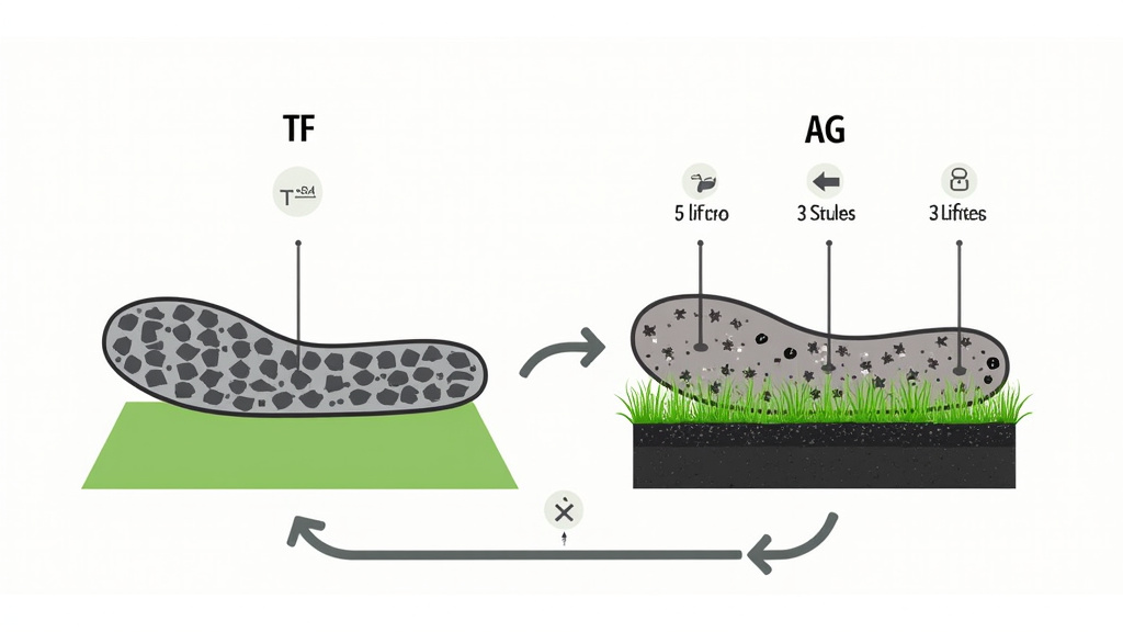 Diagram comparing turf shoe nubs versus AG cleat studs on artificial grass.