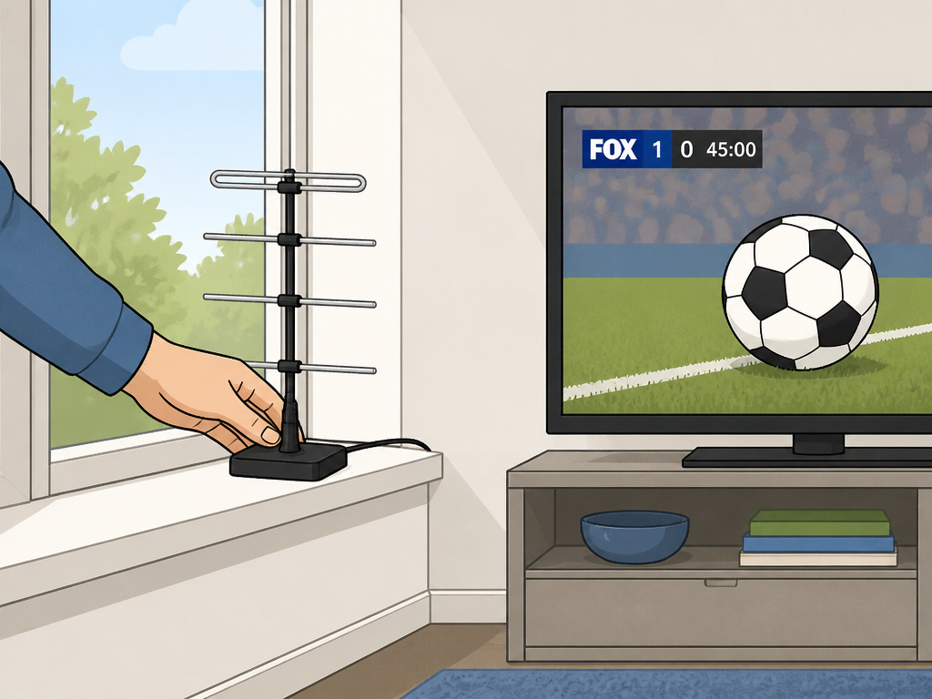 Hand positioning a TV antenna for free World Cup broadcast reception.