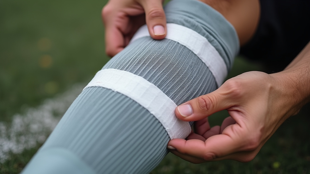 Applying athletic tape to secure a soccer shin guard on a sock.