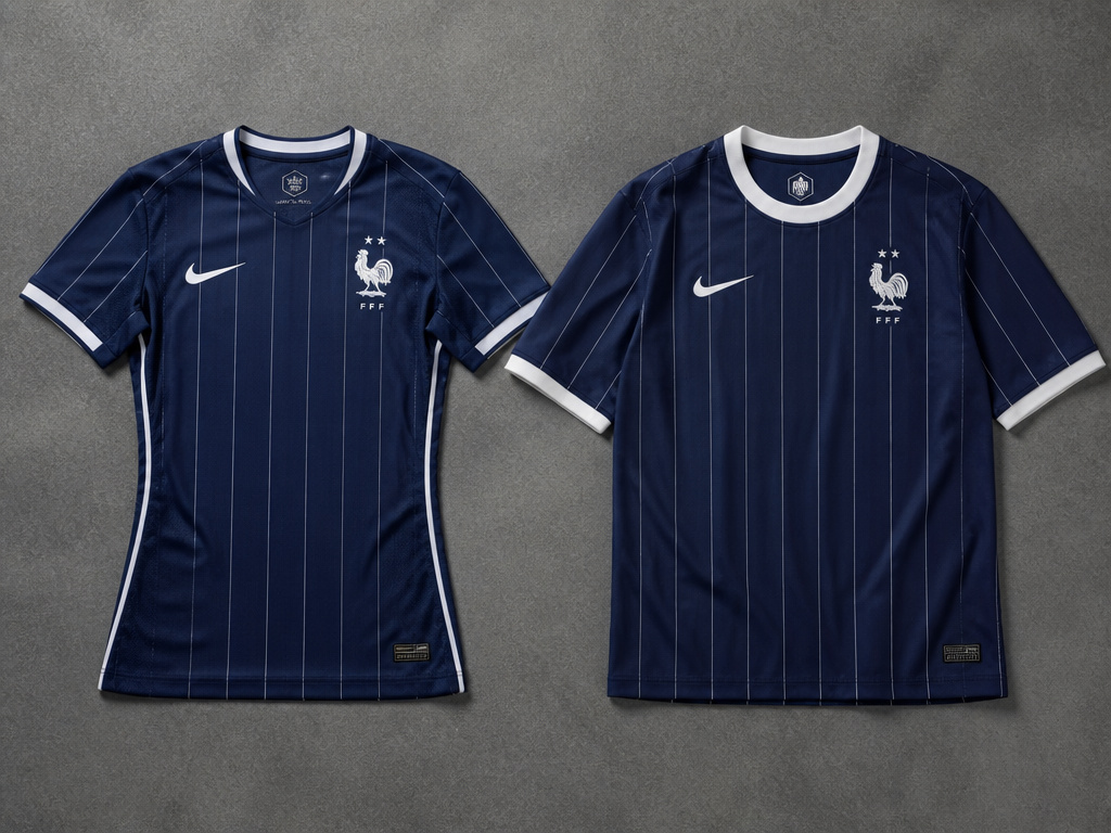 Comparison of authentic player-fit and replica fan-fit French football jerseys.