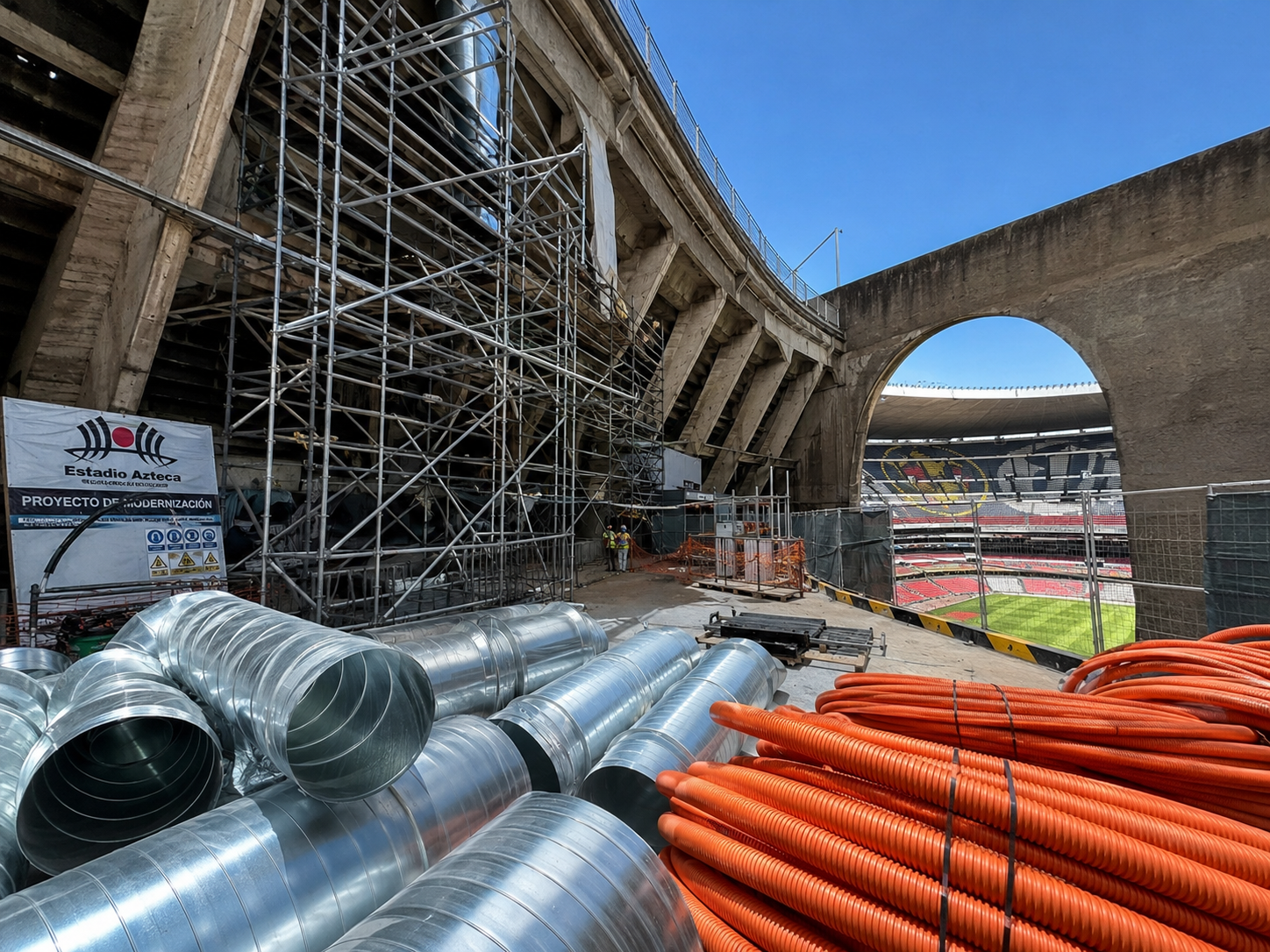 Renovation scaffolding on the historic Estadio Azteca exterior for 2026 World Cup.