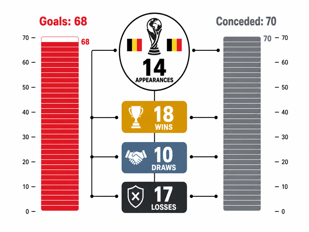 Infographic visualizing Belgium's balanced FIFA World Cup historical statistics.