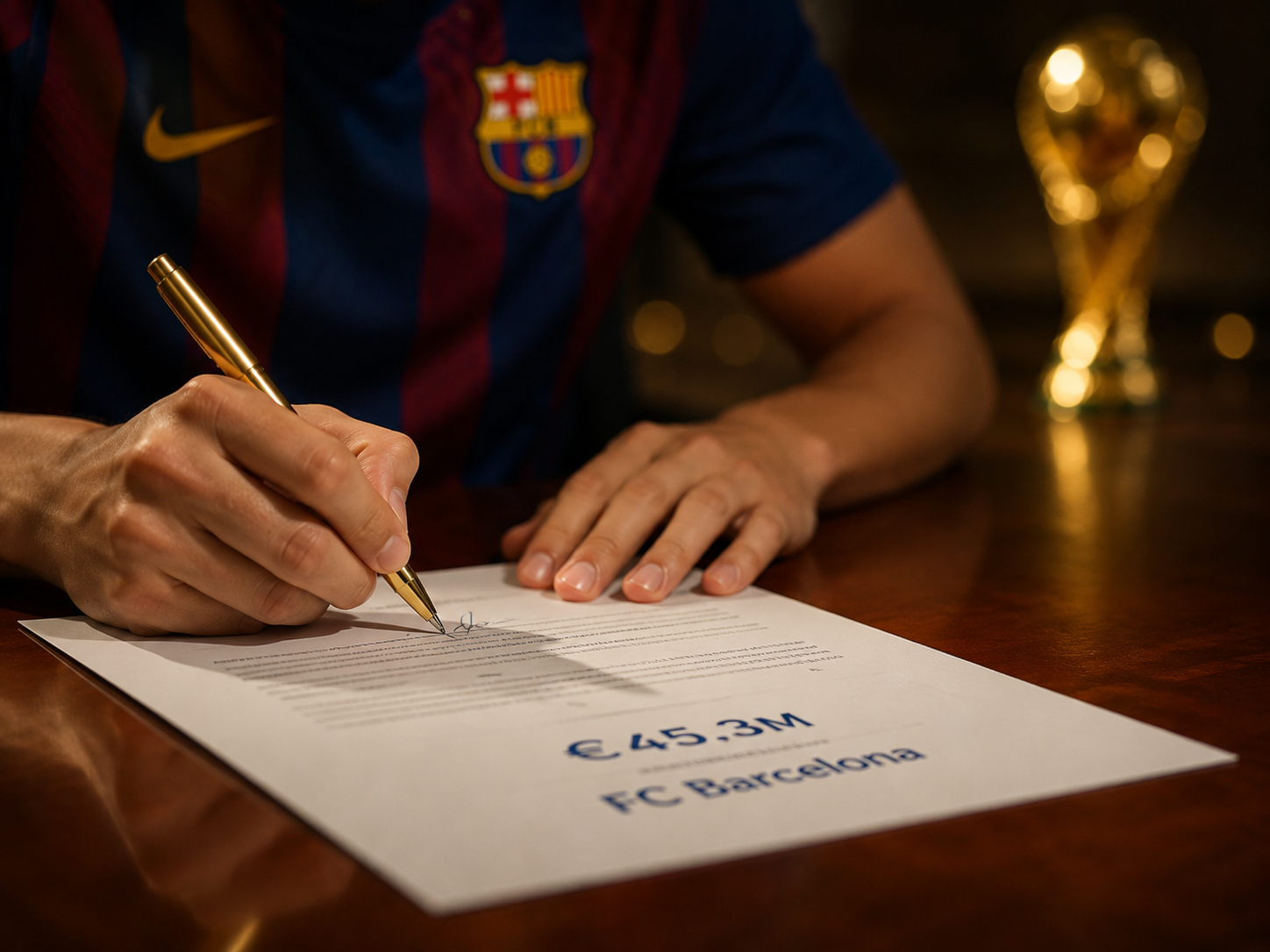 Lamine Yamal signing a lucrative Barcelona contract with a Ballon d'Or allusion.
