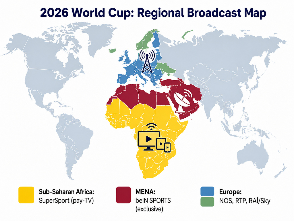 Infographic map showing World Cup 2026 broadcast rights by global region.