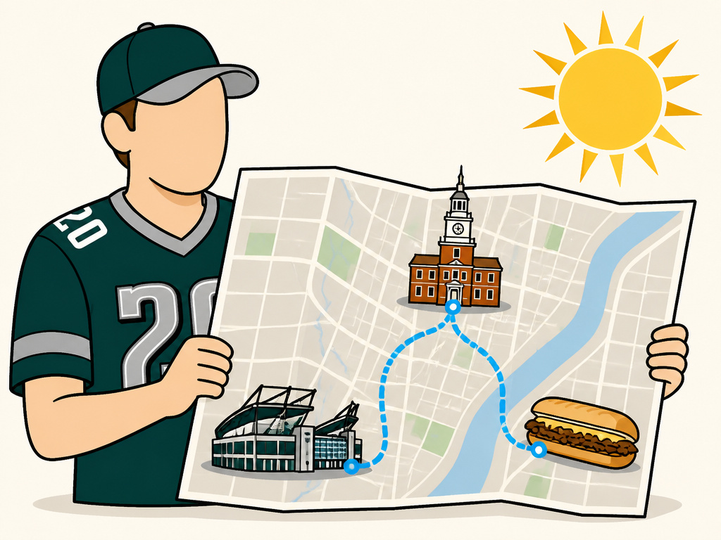 Cartoon map showing Philadelphia landmarks near Lincoln Financial Field.