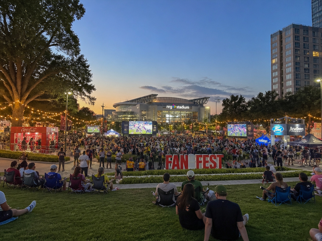 Fan Fest event in a downtown park with NRG Stadium visible in the distance.