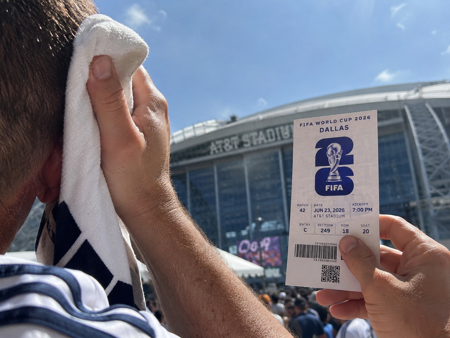 Fan experiencing extreme heat at a World Cup 2026 match.