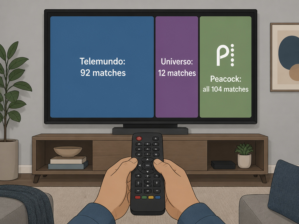 Cartoon diagram of 2026 World Cup broadcast split between channels.