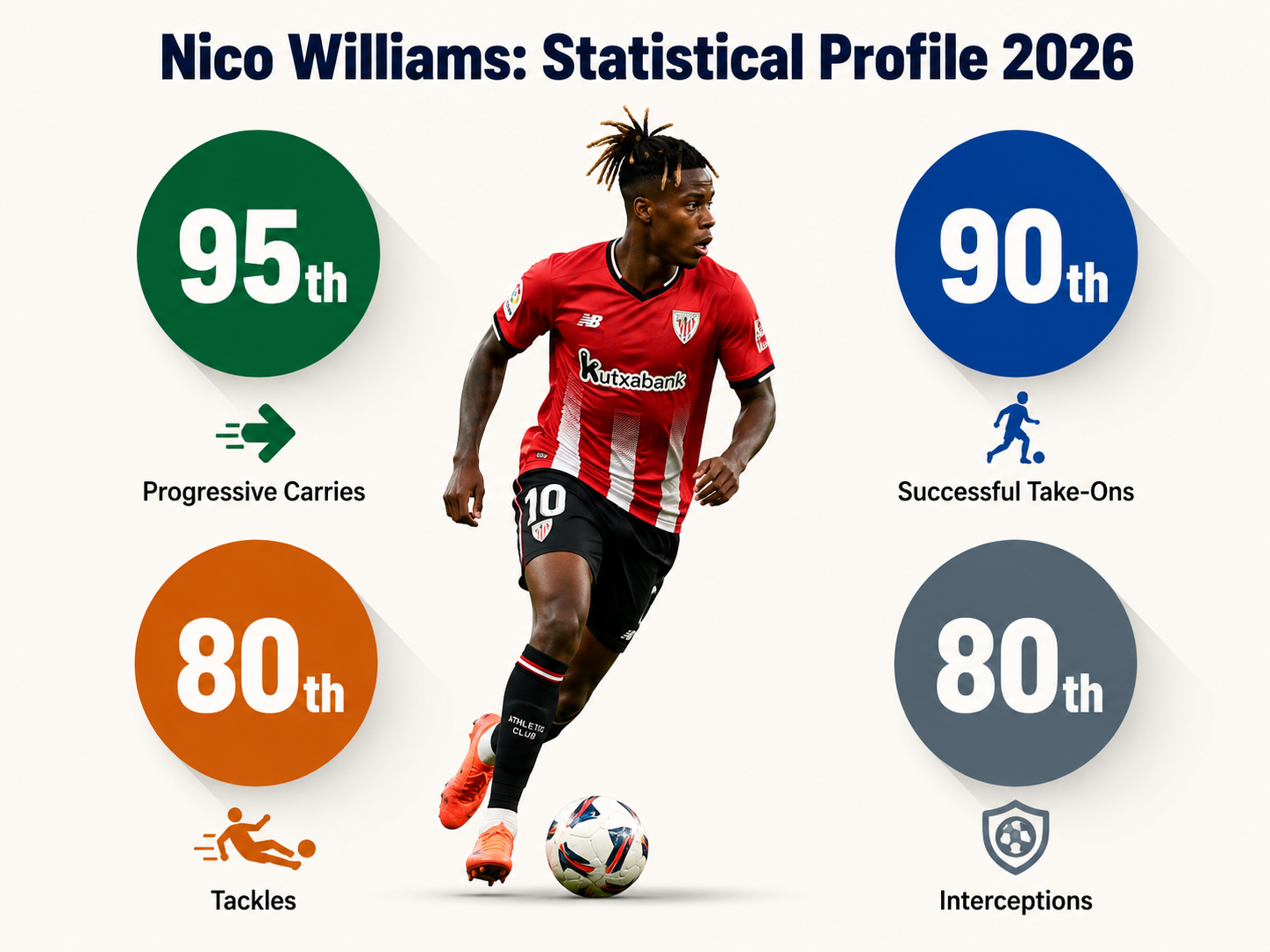 Infographic of Nico Williams's key percentile rankings for World Cup 2026.