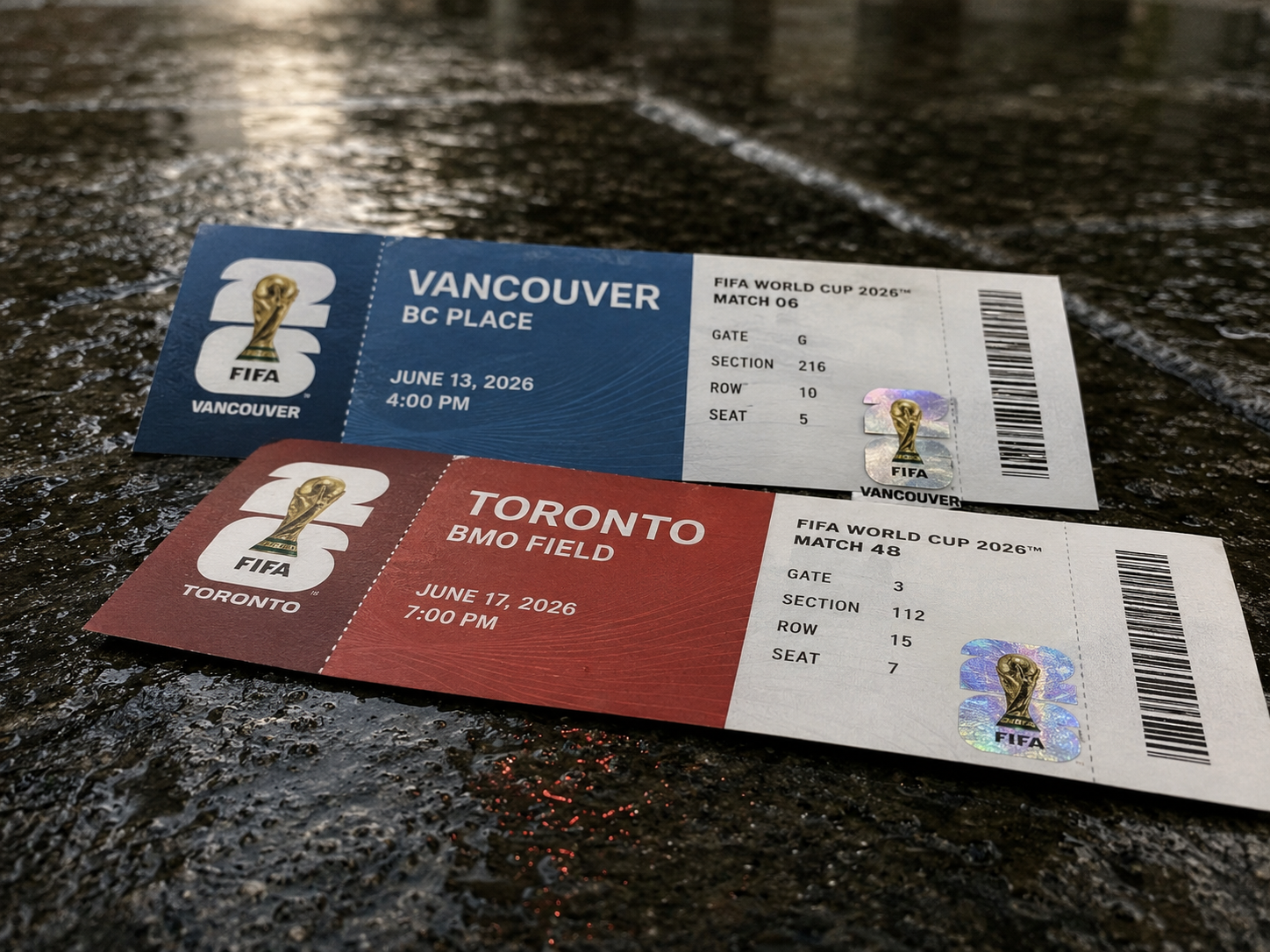 Two FIFA World Cup 2026 match tickets for the Canadian host stadiums.