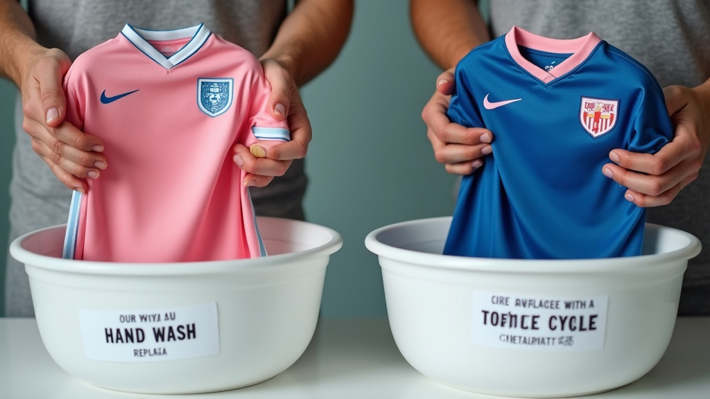 Proper hand-wash versus machine-wash care for authentic and replica soccer jerseys.