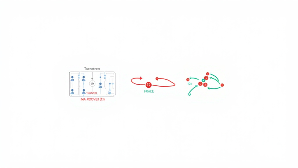 Diagram of a soccer transition play drill sequence from turnover to attack