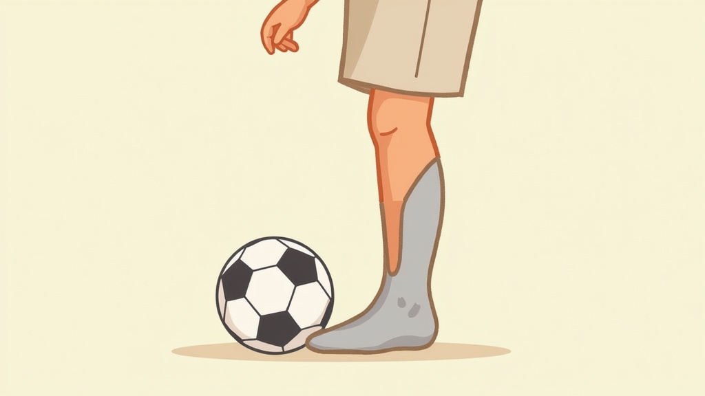 Child wearing oversized soccer shin guard that slides down on impact