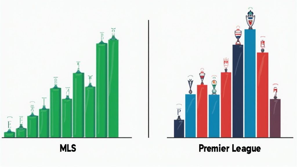 Diagram comparing MLS's many contenders to Premier League's few dominant clubs.