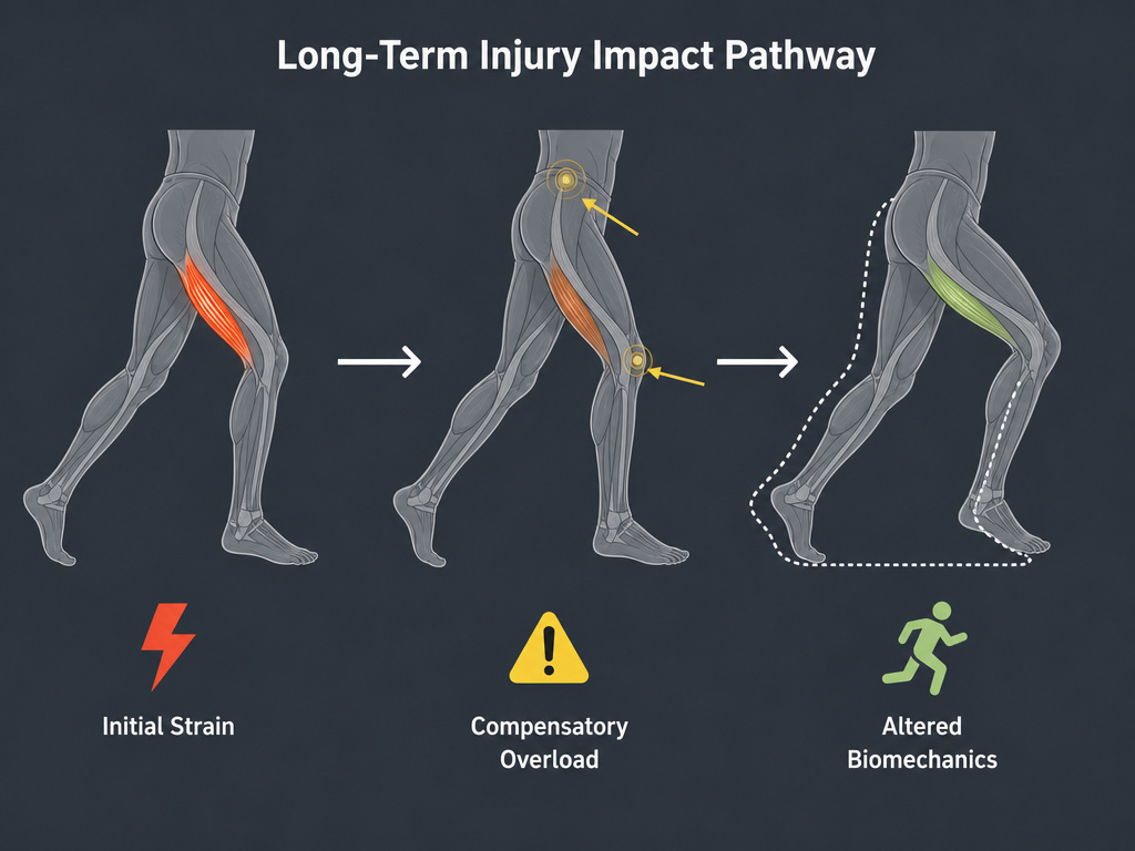 Diagram showing how a hamstring injury can lead to long-term biomechanical changes.