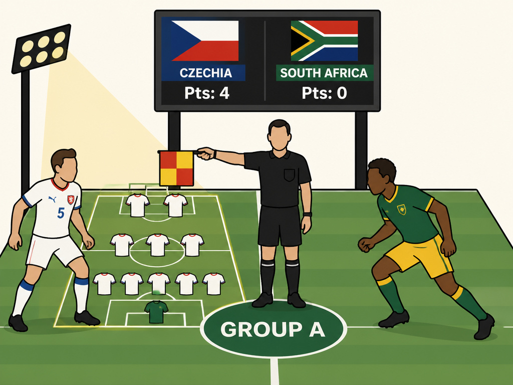 Cartoon depicting Group A qualification battle between Czechia and South Africa.