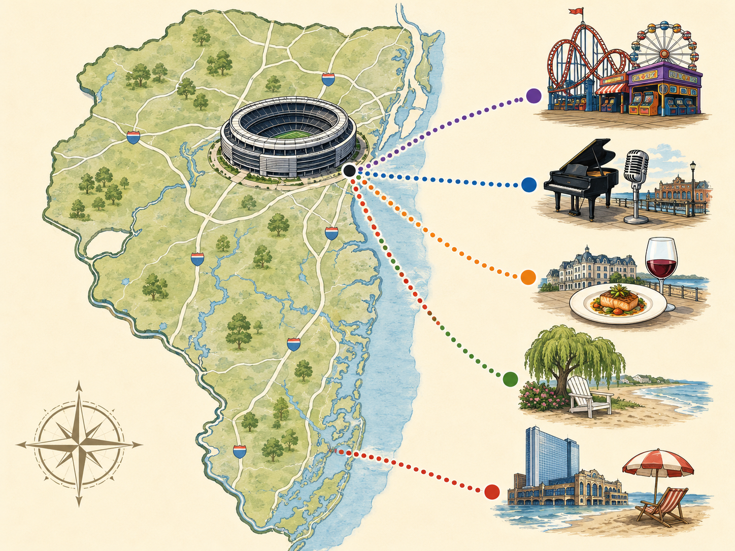Illustrated map of day trip destinations from MetLife Stadium to the Jersey Shore.