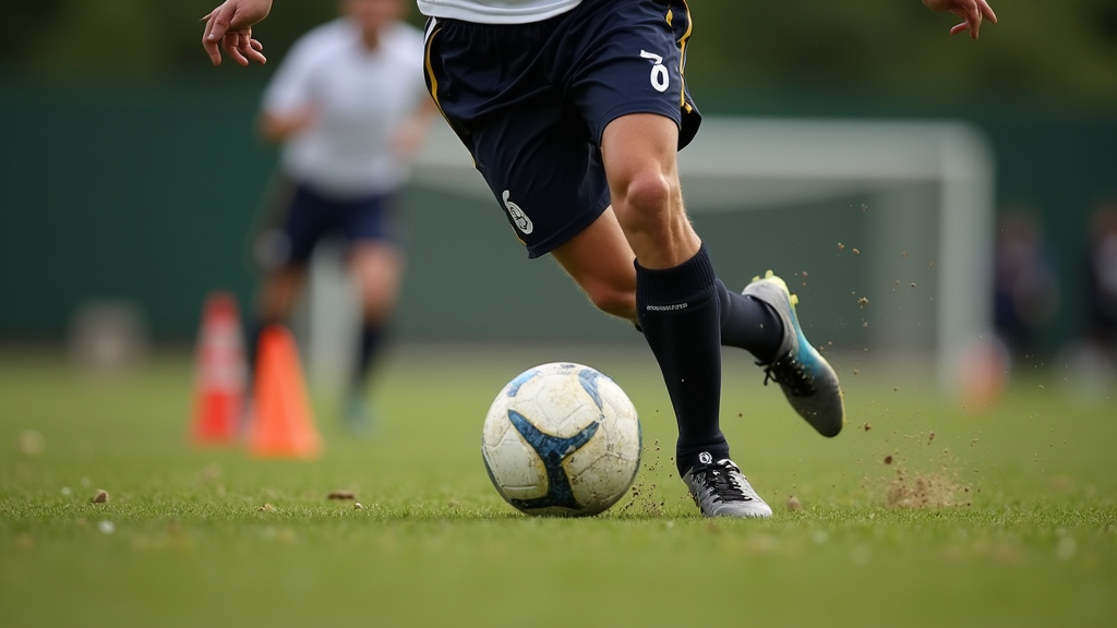 Close-up of a subtle soccer body feint and explosive change of direction.