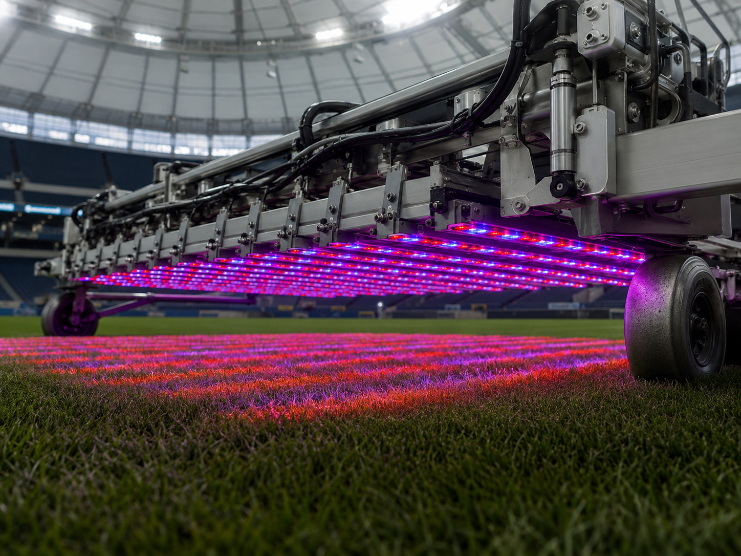 Movable gantry with purple LED grow lights over grass in a domed stadium.