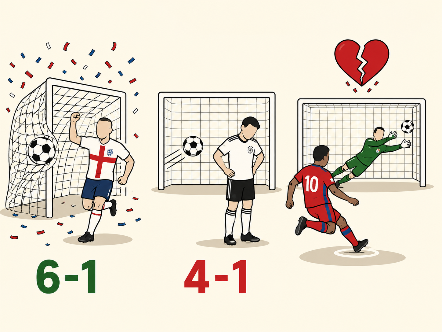 Cartoon comparing England's big win, heavy loss, and penalty shootout agony.