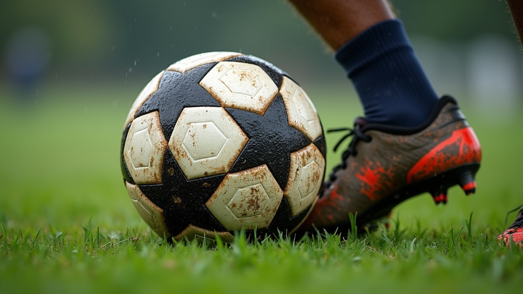 First touch soccer technique with a wet ball on muddy grass, wearing cleats.