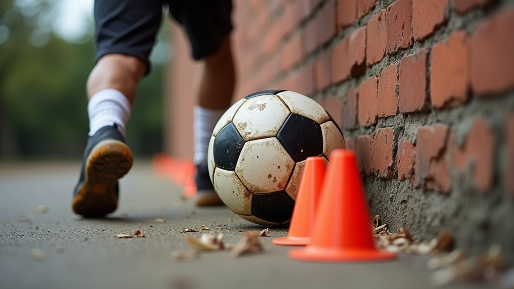 Soccer player practicing first touch against a wall with a ball and cones.