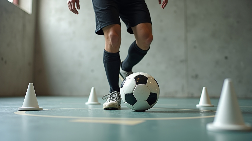 Soccer player practicing first touch control in a confined 6x6 foot home space.
