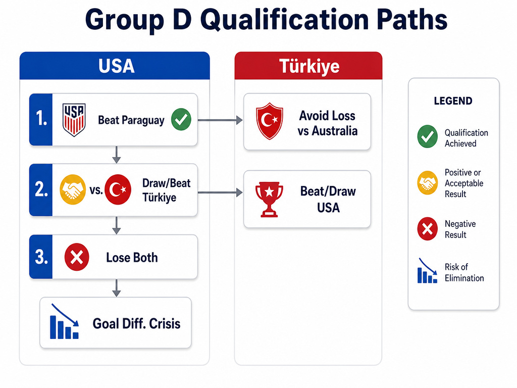 Infographic flowchart of World Cup 2026 Group D qualification scenarios for USA and Türkiye.