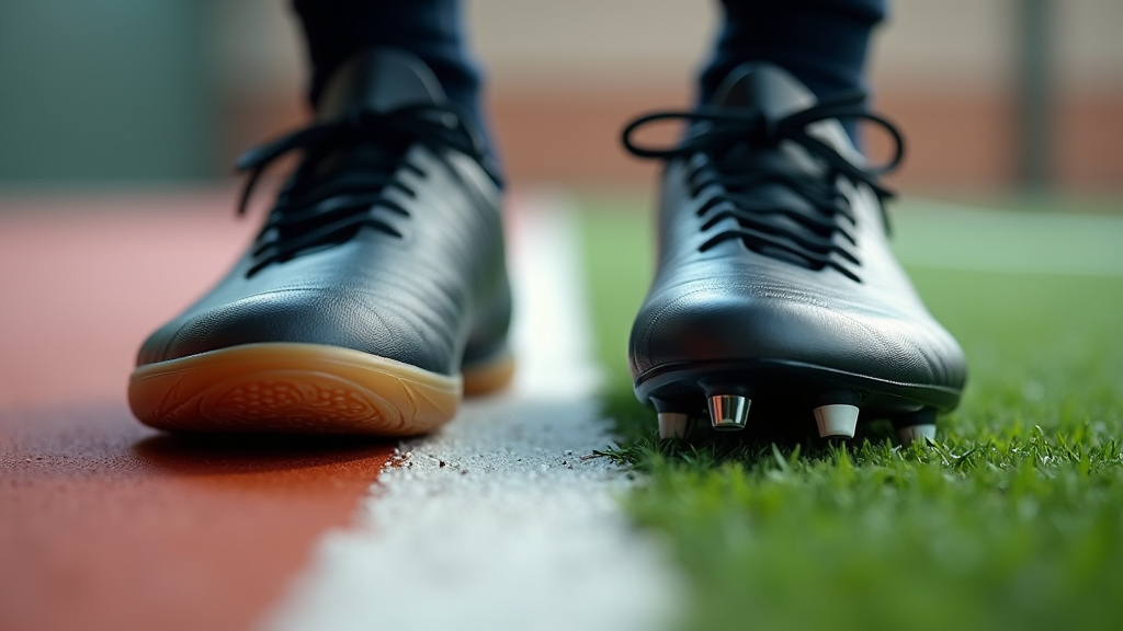 Indoor soccer shoe and outdoor cleat sole comparison on court and grass.