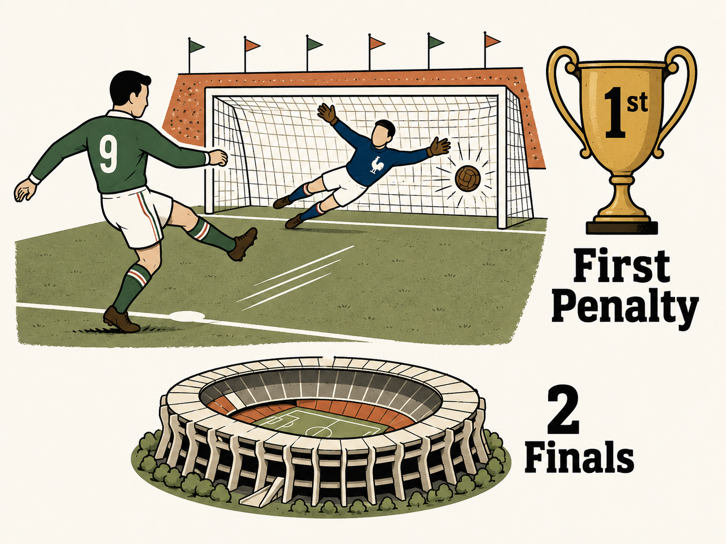 Cartoon of Mexico's World Cup firsts: 1930 penalty and Azteca stadium.