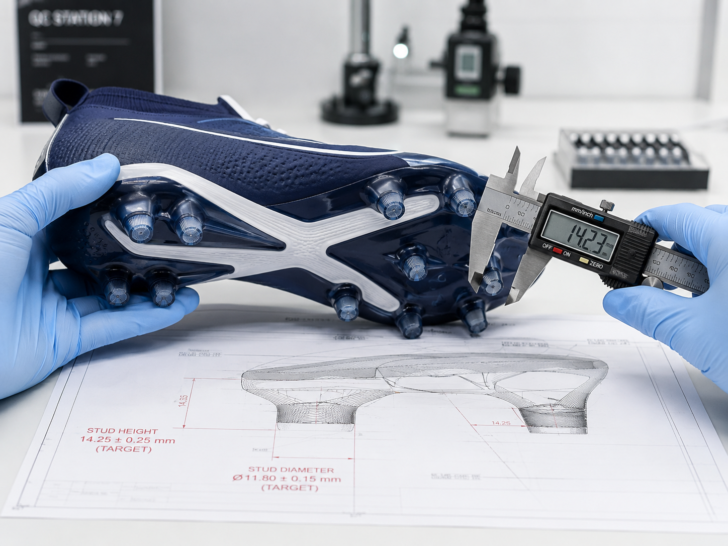 FIFA lab technician testing a cleat's sole technology for 2026 regulations.