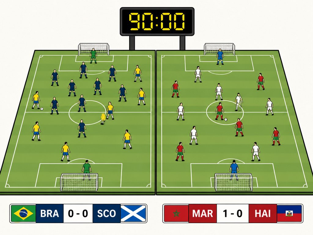 Two simultaneous World Cup matches showing different tactical scenarios.