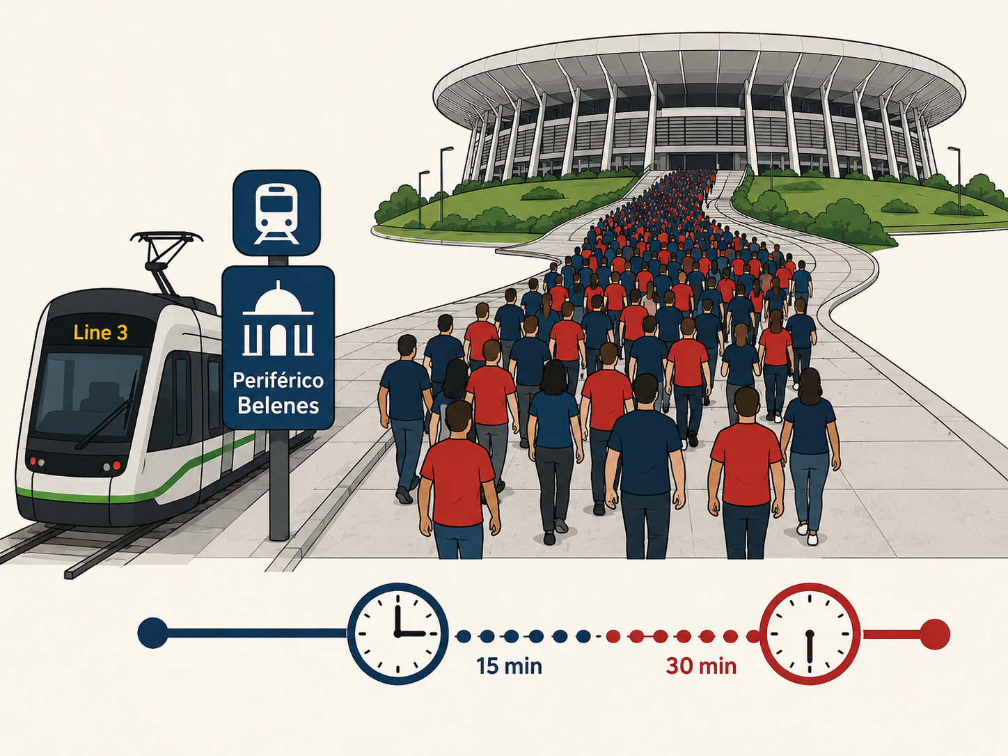 Crowd walking from metro station to Estadio Akron on matchday.