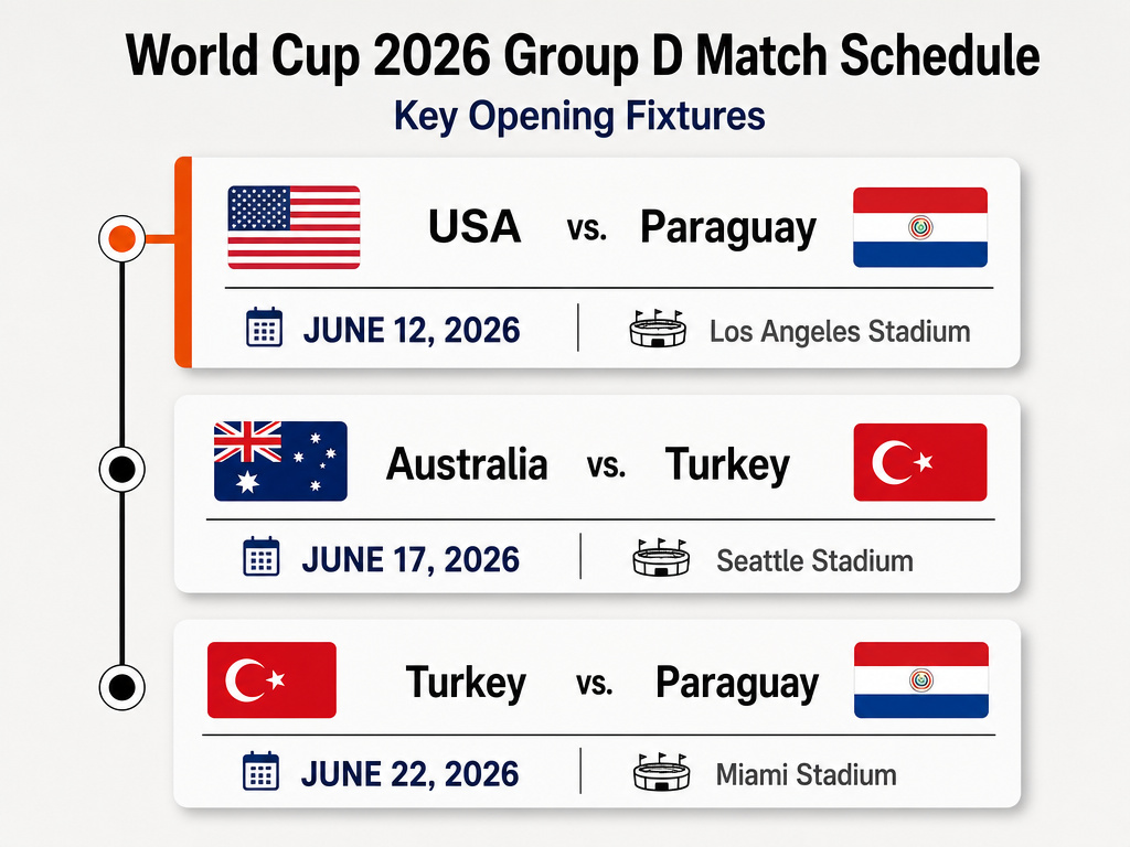 Infographic timeline of the 2026 World Cup Group D opening match schedule.
