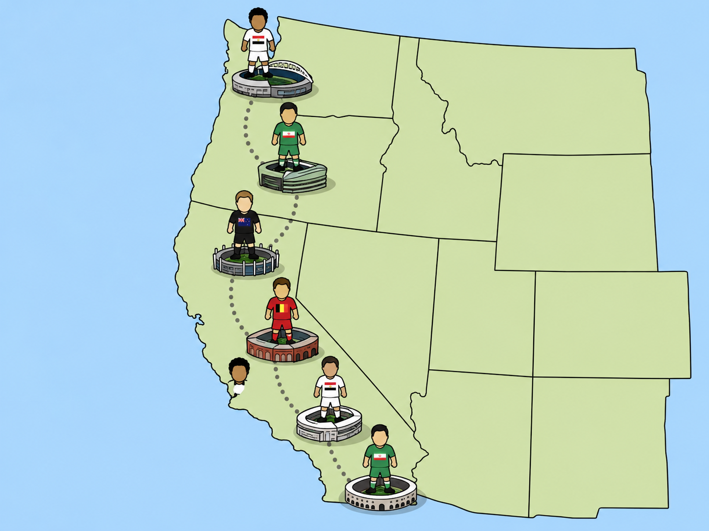 Cartoon map of 2026 World Cup Group G matches across West Coast venues.