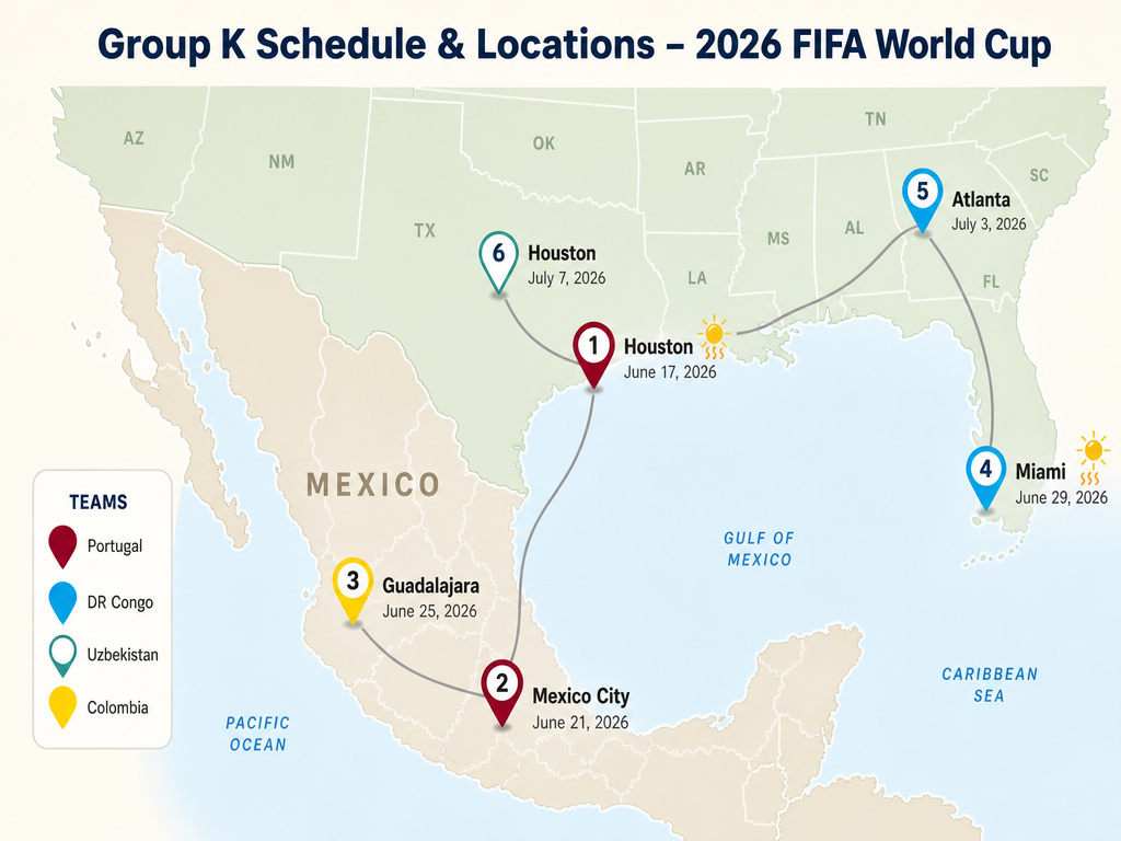 Infographic map of Group K 2026 World Cup match locations and travel routes.