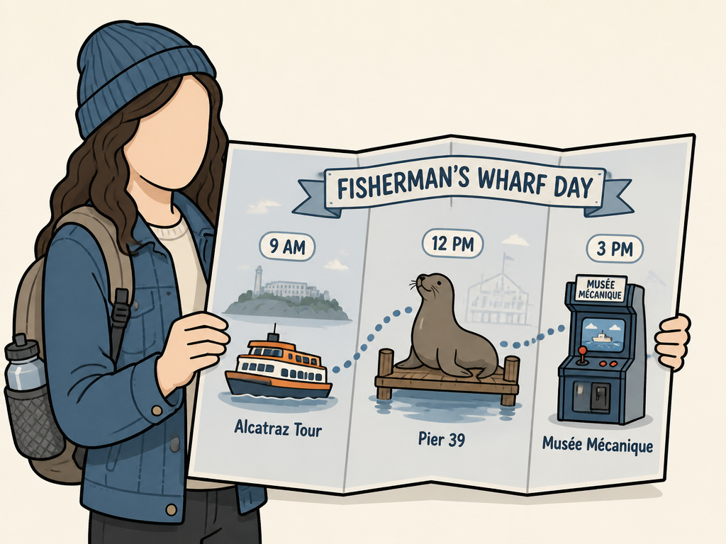 Cartoon map illustrating a full-day itinerary for Fisherman's Wharf tourism.