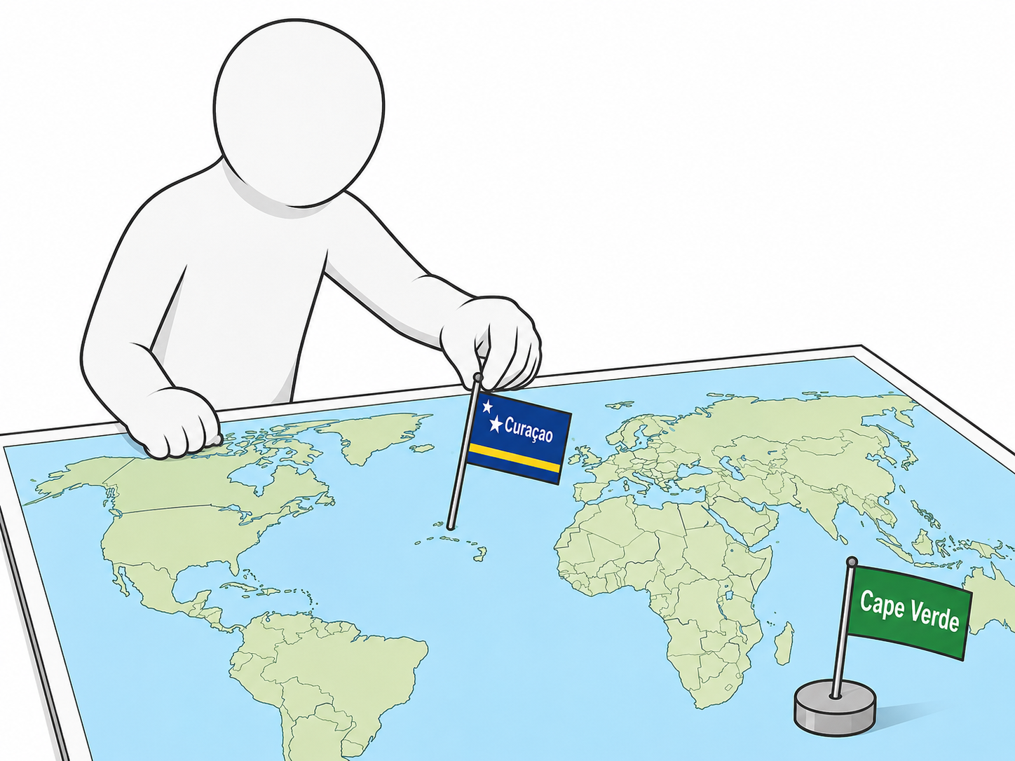 Cartoon showing new World Cup nations Curaçao and Cape Verde placed on a map.