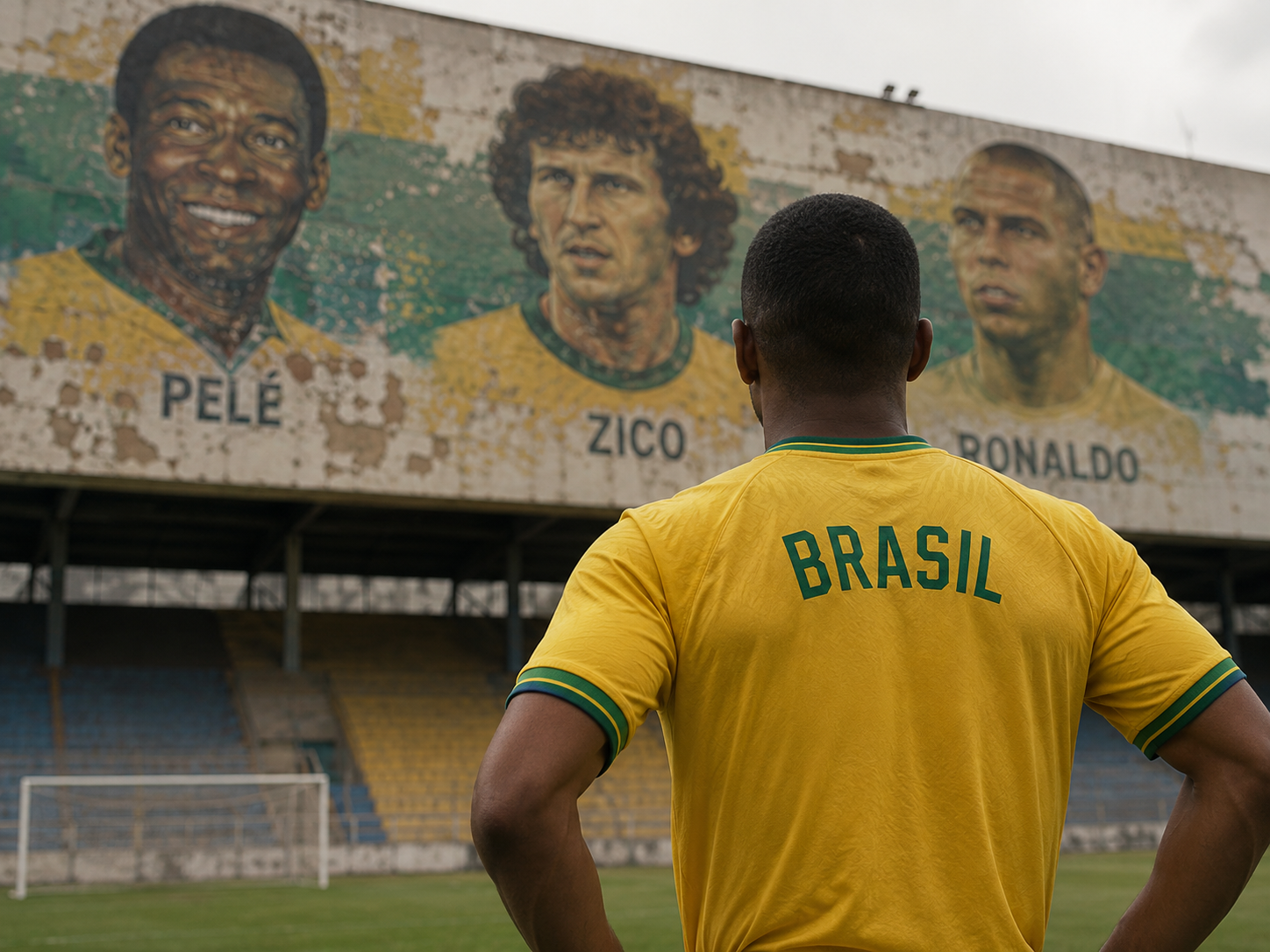 Brazil jersey背影凝视传奇壁画,体现历史传承与期待。