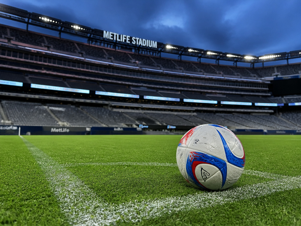 Soccer ball on MetLife Stadium pitch over faint gridiron lines.