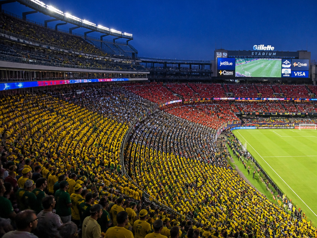 World Cup 2026 stadium crowd showing Brazil, Morocco, and Scotland fan sections.
