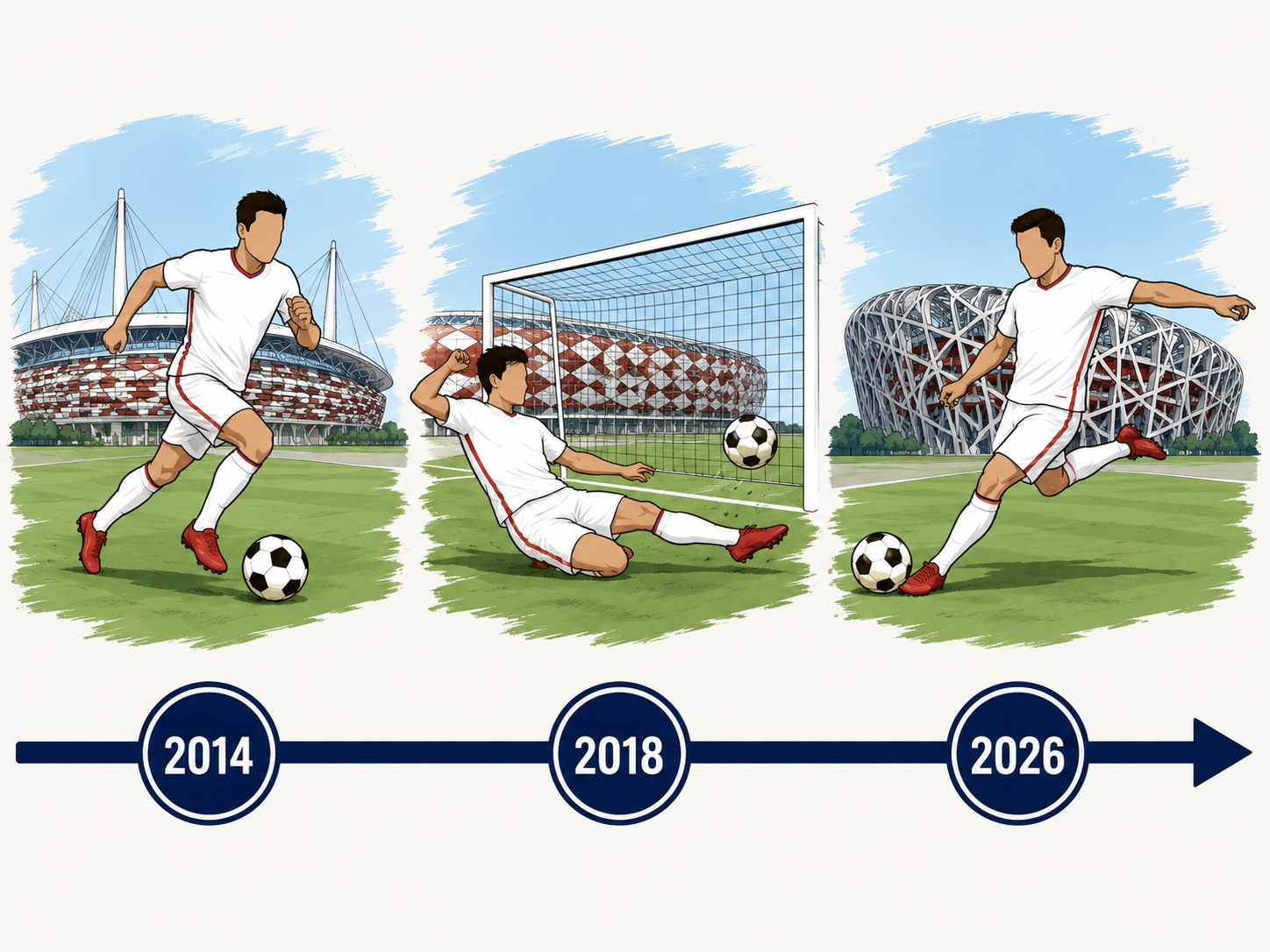 Cartoon timeline of Son Heung-min's key World Cup moments from 2014 to 2026.