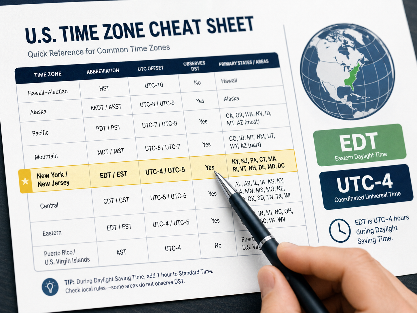 World Cup 2026 host city time zone cheat sheet with table and globe.
