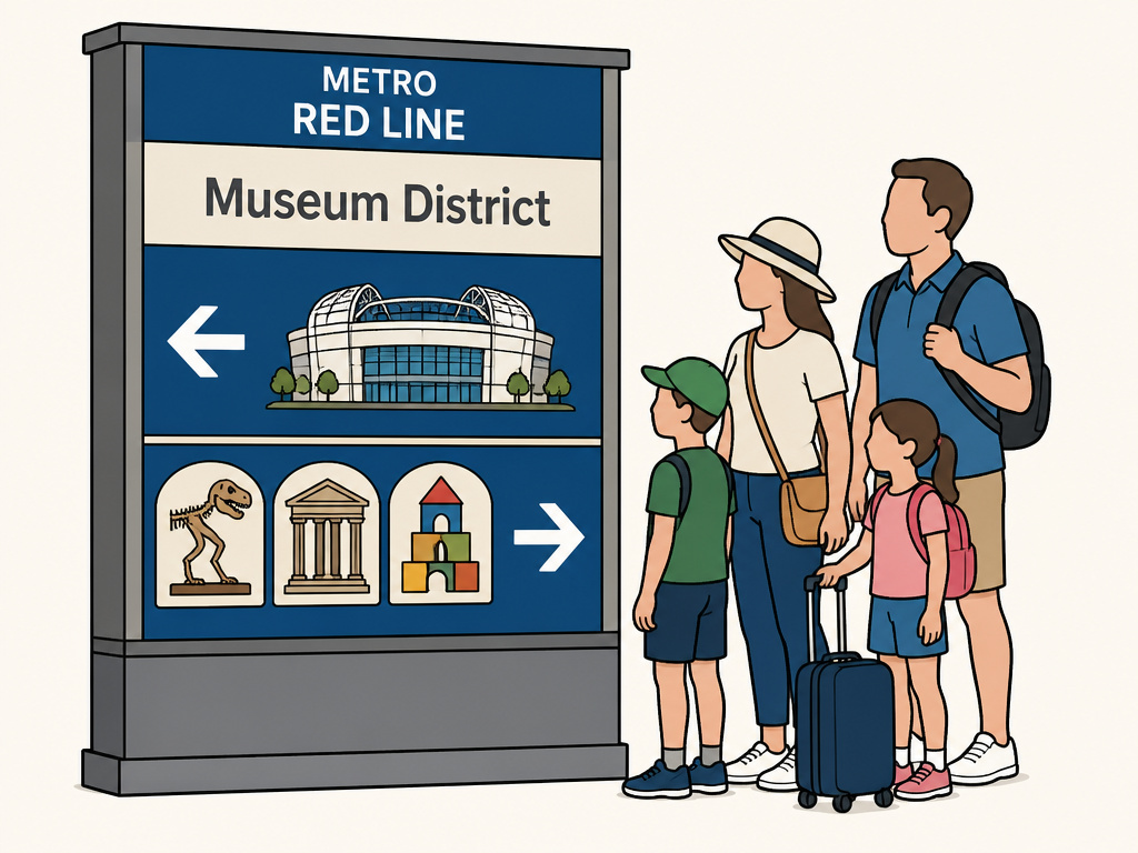 Cartoon map showing NRG Stadium's rail link to Houston's Museum District.