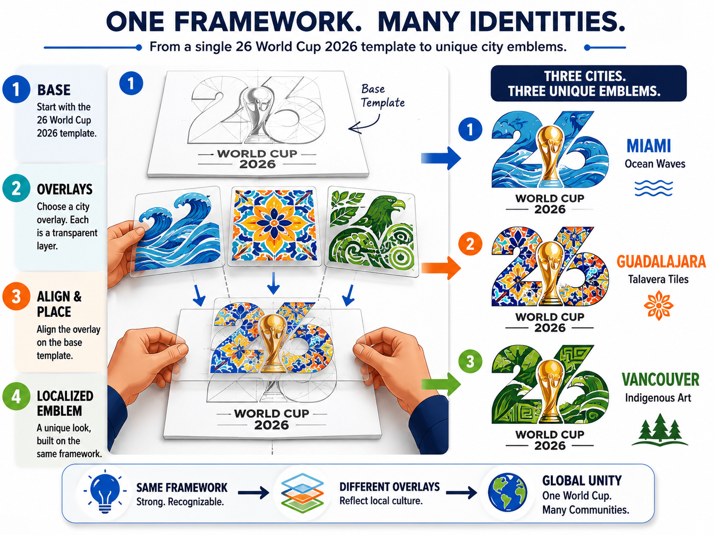 Diagram showing how host cities customized the base 2026 World Cup logo template.