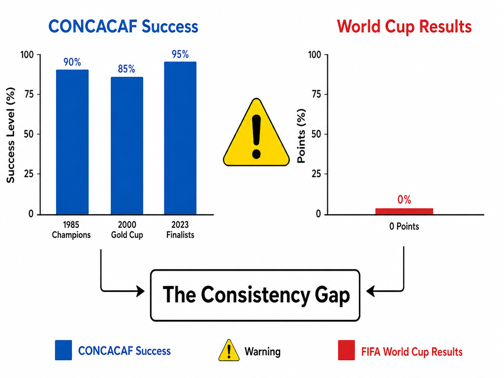Infographic comparing Canada's CONCACAF trophies to World Cup results.