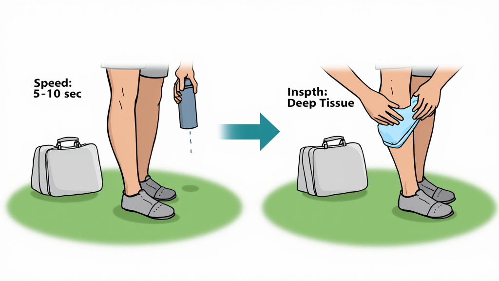 Soccer medical staff comparing cold spray speed to ice pack depth for injury management.